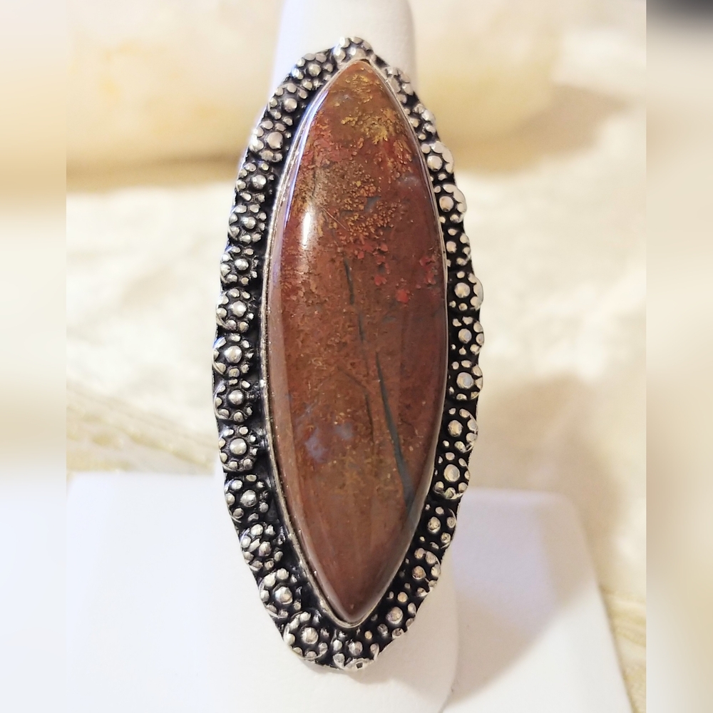 NWOT Dramatic Natural Red Moss Agate Ring .925 Sterling Overlay - Picture 2 of 3